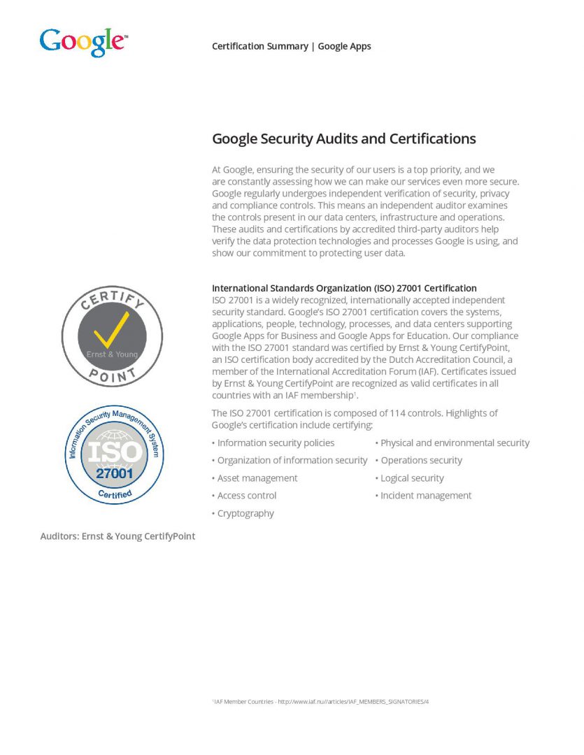 Certificazioni sicurezza Google Cloud